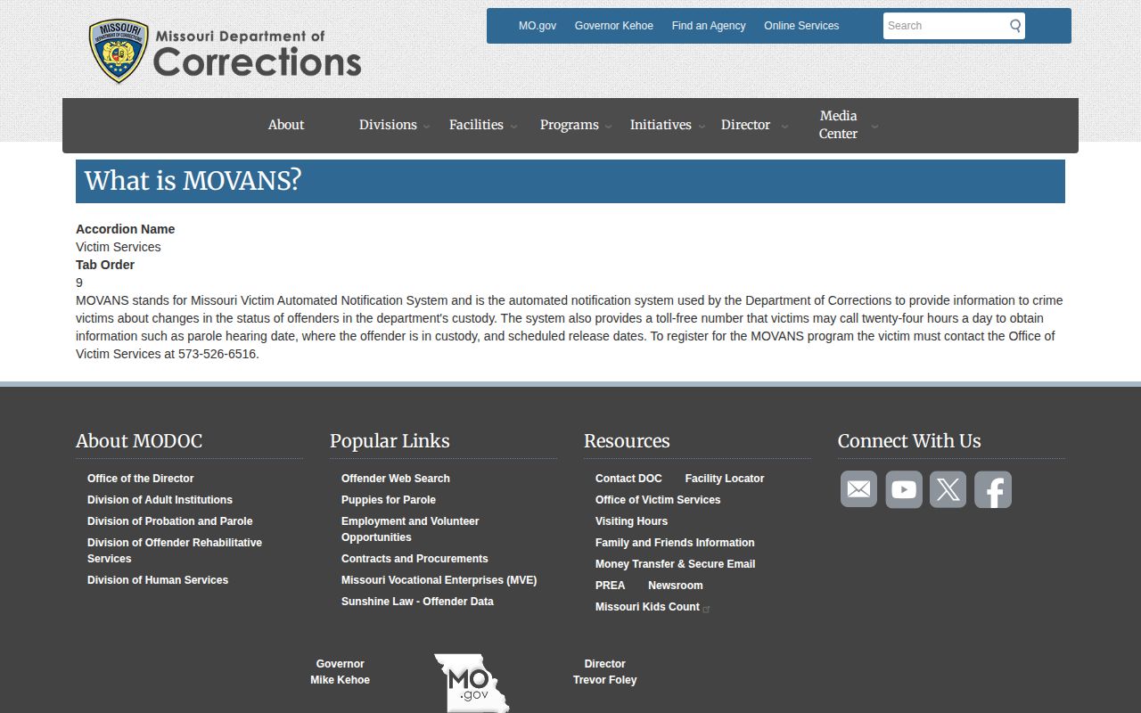 Osage County MOVANS release information from Missouri Department of Corrections